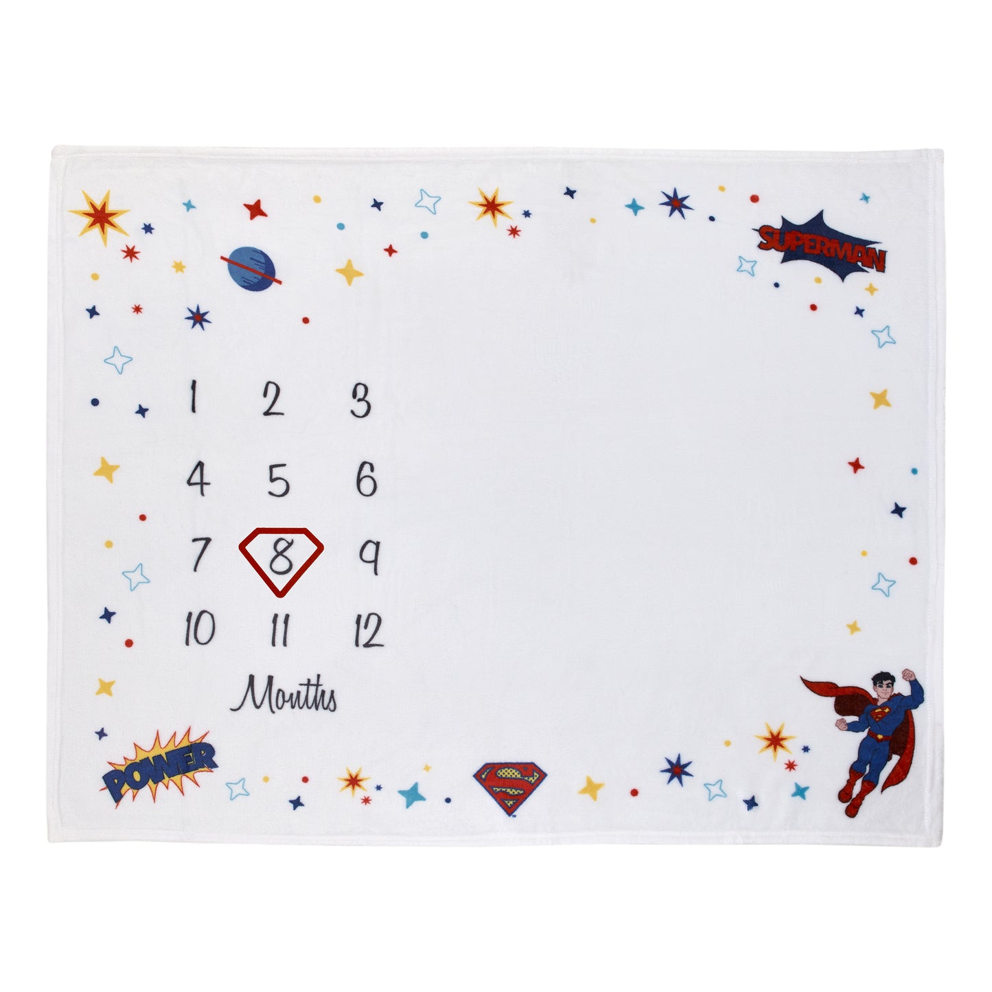 Warner Brothers Superman White and Red Power, Icon, and Stars Milestone Baby Blanket
