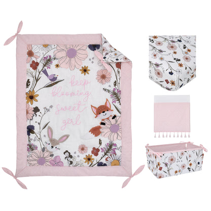 NoJo Keep Blooming Pink, White, Purple and Gold, Flowers, Fox, Bunny and Birds "Keep Blooming Sweet Girl" 4 Piece Nursery Crib Bedding Set - Comforter, 100% Cotton Fitted Crib Sheet, Crib Skirt, and Storage