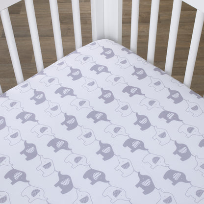 Little Love by NoJo Elephant Stroll White and Gray Fitted Crib Sheet