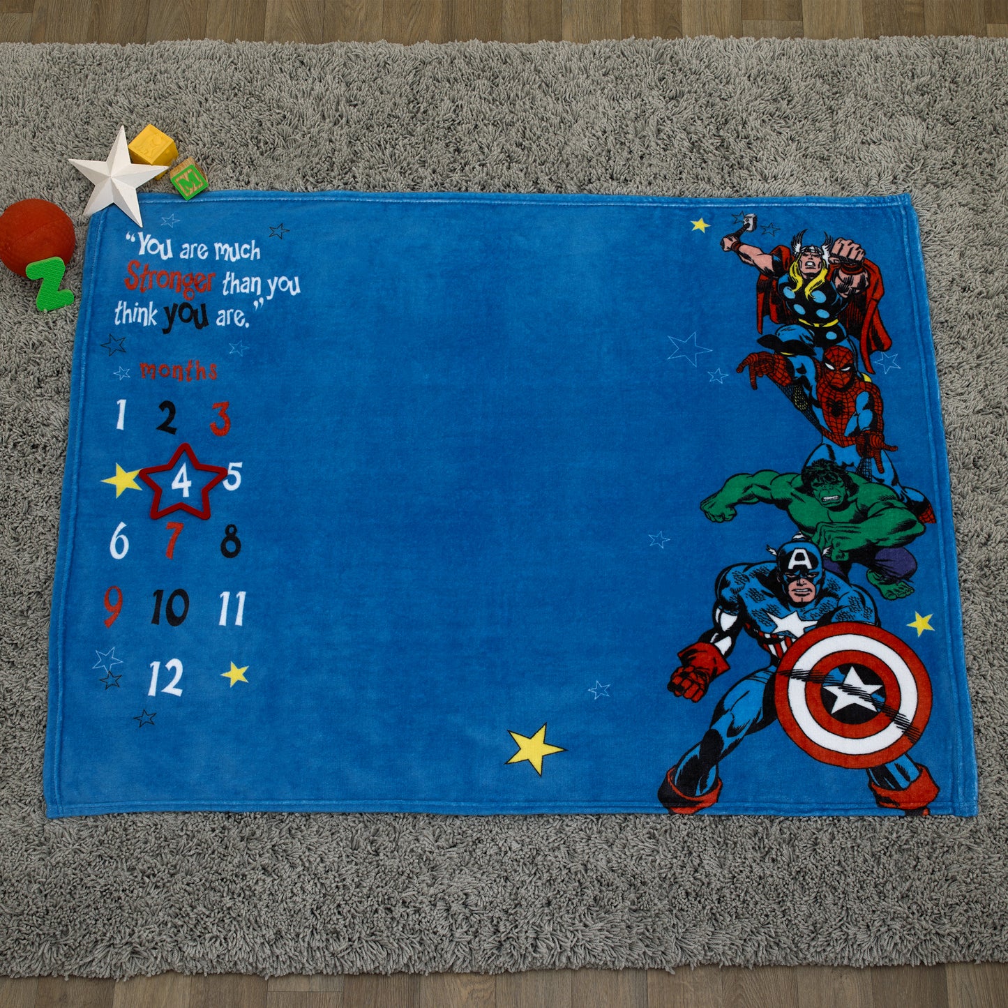 Marvel Comics Blue, Red and Green, Captain America, Hulk, Spiderman and Thor Super Soft Milestone Baby Blanket