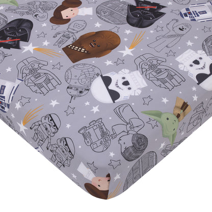 Star Wars Welcome to the Galaxy Navy and Gray Yoda, R2-D2, Chewbacca, and Princess Leia 4 Piece Toddler Bed Set - Comforter, Fitted Bottom Sheet, Flat Top Sheet, and Reversible Pillowcase
