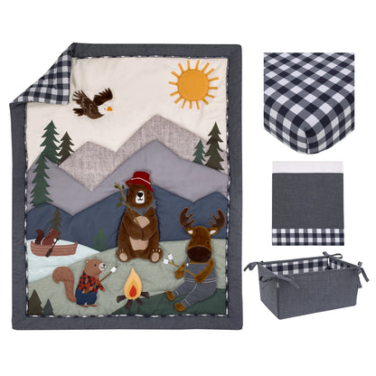 NoJo Into the Wilderness Navy, Green, and Brown, Camping Bear, Moose, Eagle, and Beaver Campfire 4 Piece Nursery Crib Bedding Set - Comforter, Cotton Fitted Crib Sheet, Crib Skirt, and Storage Tote