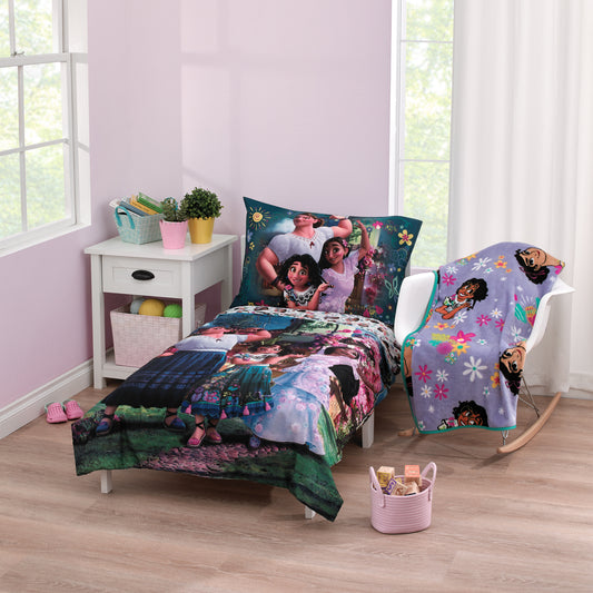 Disney Encanto Power Trio Purple and Teal 5 Piece Toddler Bedding and Blanket Bundle Set - Comforter, Fitted Bottom Sheet, Flat Top Sheet, Reversible Pillowcase and Blanket
