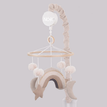 NoJo Rainbow Moon and Stars Pom Pom Ivory, Taupe, and Natural Wood Tones Plush Nursery Musical Mobile