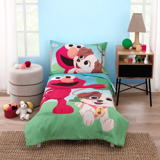 Sesame Street Furry Friends Blue, Green and Red Elmo and Puppy 4 Piece Toddler Bed Set - Comforter, Fitted Bottom Sheet, Flat Top Sheet and Reversible Pillowcase