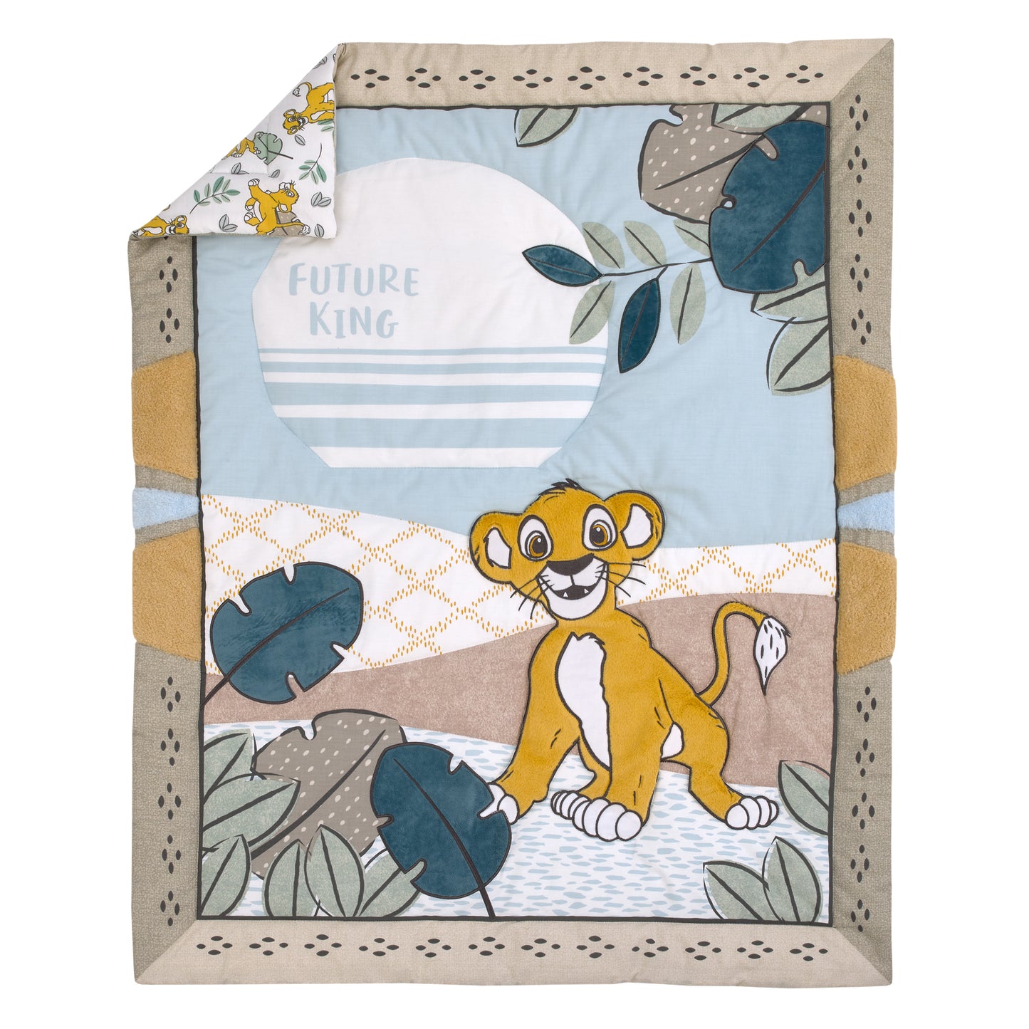 Disney Lion King Blue, Green, Taupe and Gold Simba Future King 3 Piece Nursery Crib Bedding Set - Comforter, Cotton Fitted Crib Sheet, and Crib Skirt