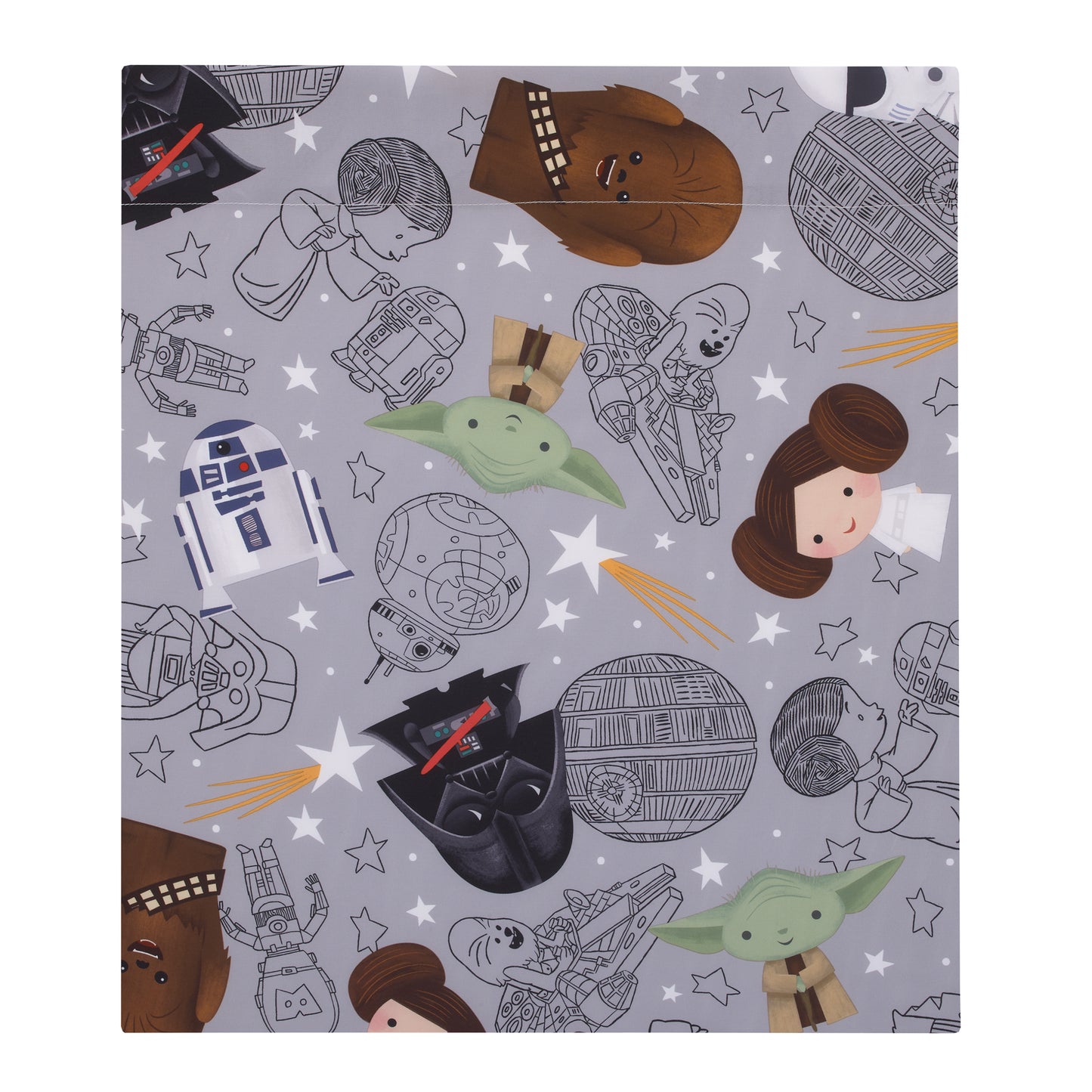 Star Wars Welcome to the Galaxy Navy and Gray Yoda, R2-D2, Chewbacca, and Princess Leia 4 Piece Toddler Bed Set - Comforter, Fitted Bottom Sheet, Flat Top Sheet, and Reversible Pillowcase