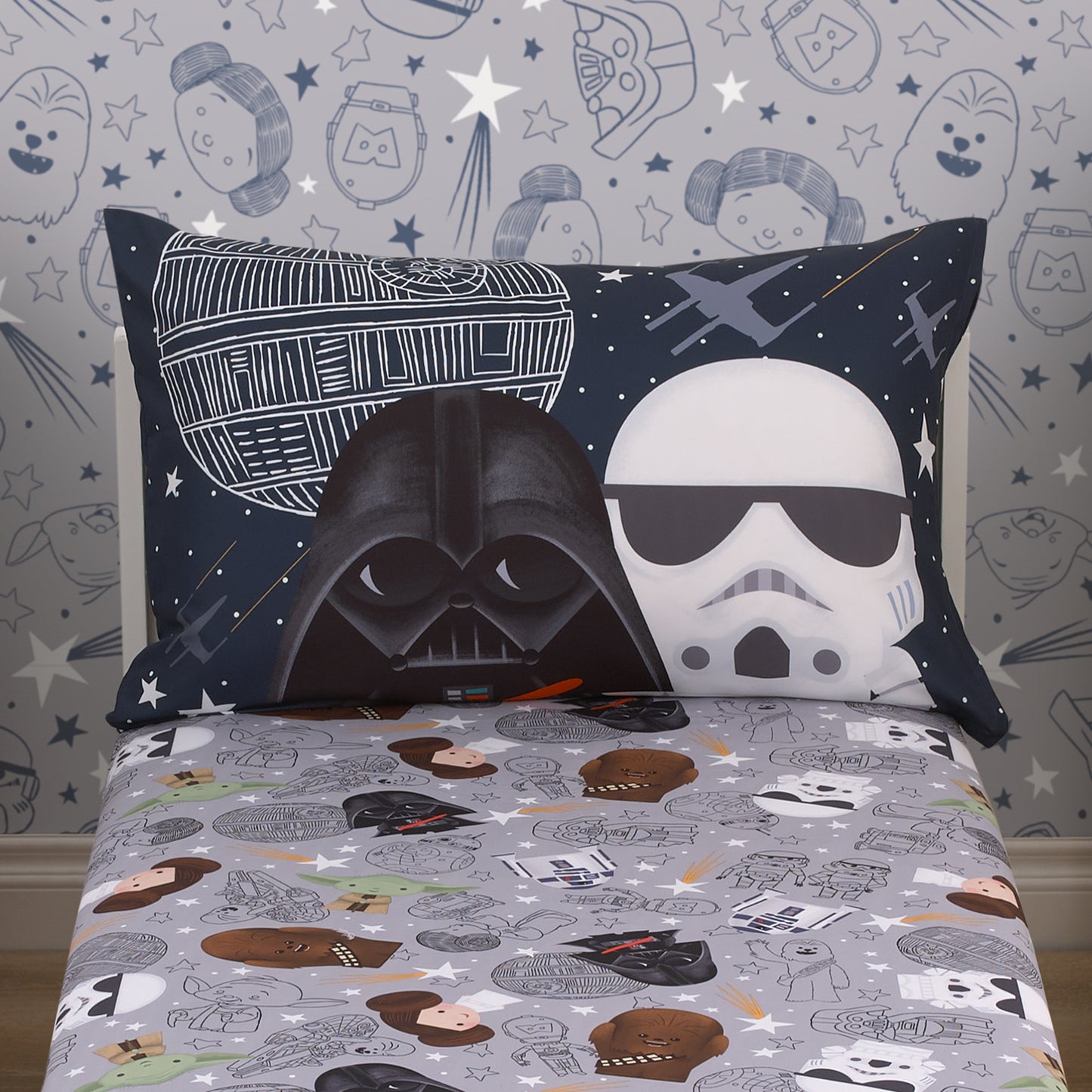 Star Wars Welcome to the Galaxy Navy and Gray Yoda, Princess Leia, R2-D2, and Chewbacca 2 Piece Toddler Sheet Set - Fitted Bottom Sheet and Reversible Pillowcase