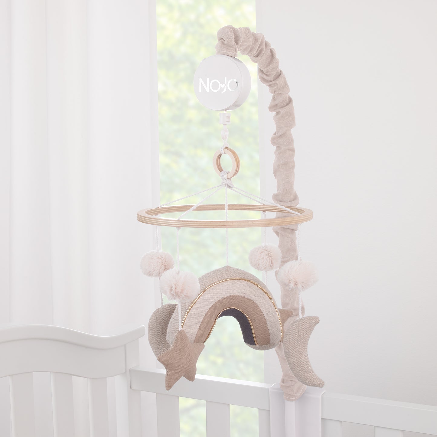 NoJo Rainbow Moon and Stars Pom Pom Ivory, Taupe, and Natural Wood Tones Plush Nursery Musical Mobile