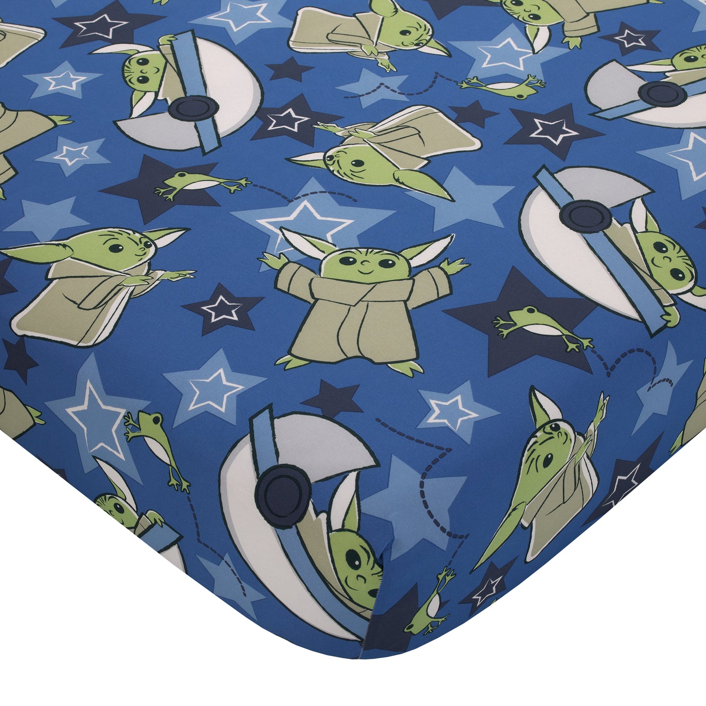 Star Wars The Child Cutest in the Galaxy Blue, Green and Gray, "Too Cute" Grogu, Stars, Hover Pod, and Sorgan Frog 4 Piece Toddler Bed Set - Comforter, Fitted Bottom Sheet, Flat Top Sheet, and Reversible Pillowcase
