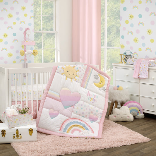 NoJo Happy Days Pink, White, and Yellow Rainbows and Sunshine 4 Piece Nursery Crib Bedding Set - Comforter, 100% Cotton Fitted Crib Sheet, Crib Skirt and Reversible Storage