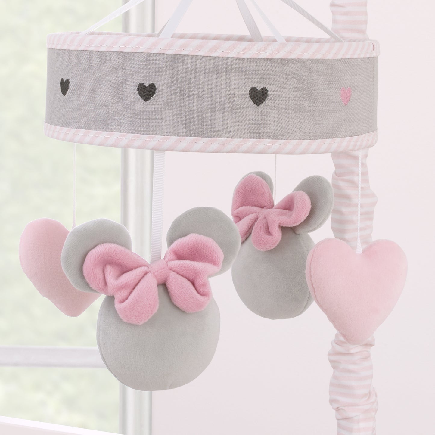 Disney Minnie Mouse My Happy Place Pink, Gray, and White Plush Musical Mobile