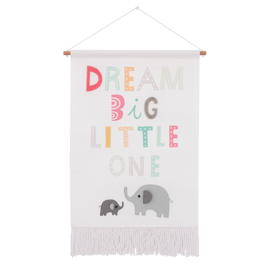 Little Love by NoJo Dream Big Little One White, Gray, Teal, and Orange, Mama and Baby Elephants Wall Décor Banner