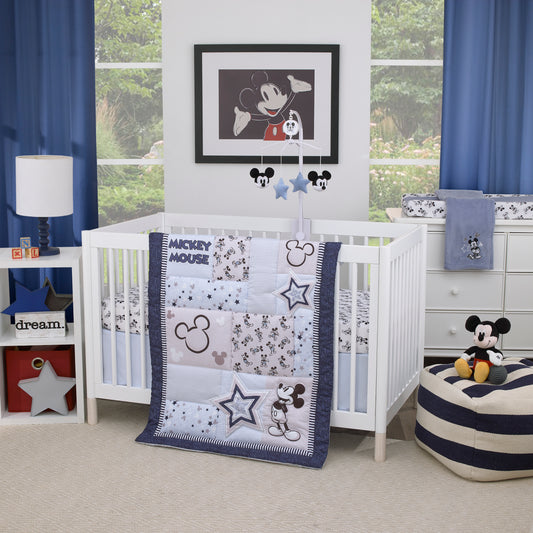 Disney Mickey Mouse - Timeless Mickey Blue, Gray, and White Stars and Icons 3 Piece Nursery Crib Bedding Set - Comforter, Fitted Crib Sheet, and Crib Skirt