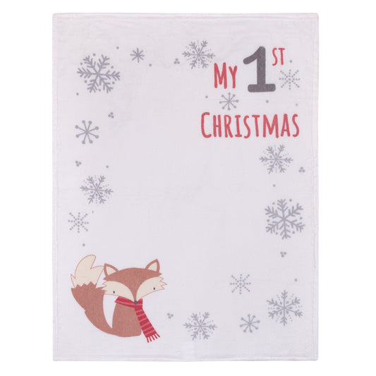 NoJo Fox White, Brown, Red, and Gray "My 1st Christmas" Holiday Photo Op Super Soft Baby Blanket