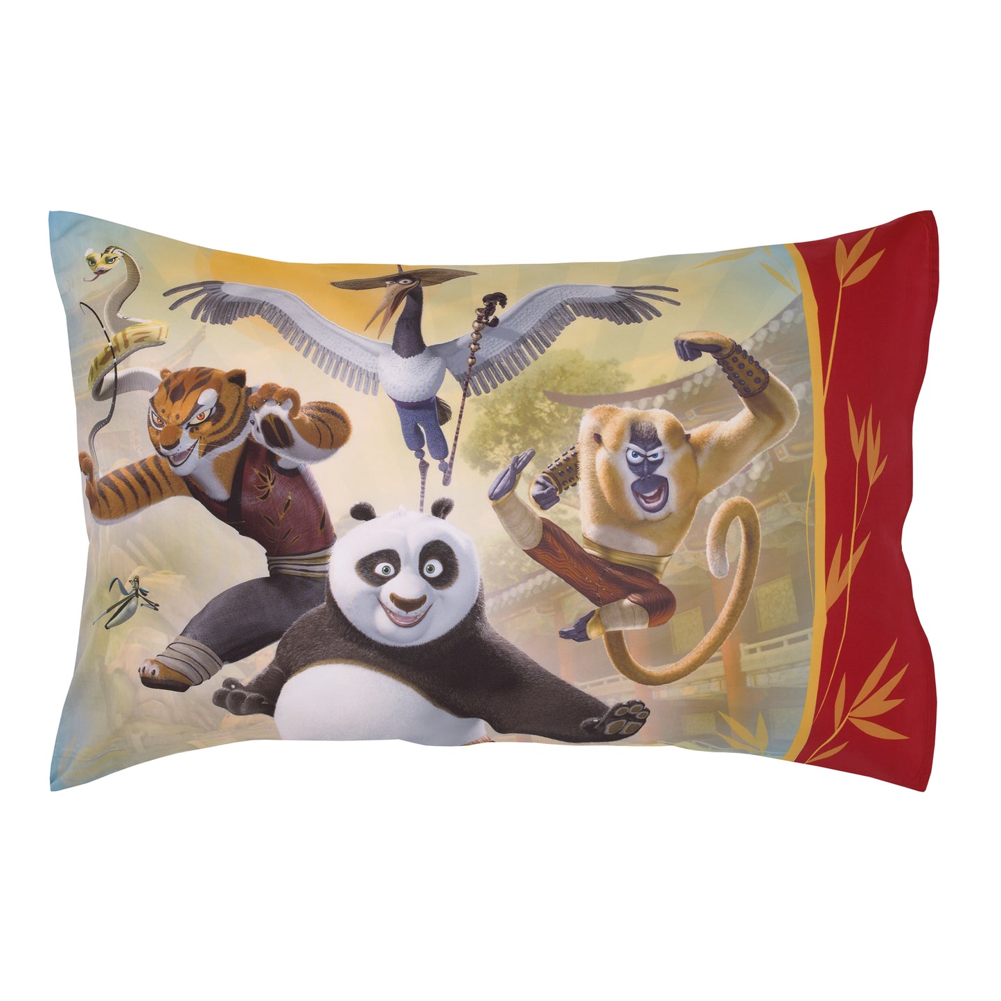 DreamWorks Kung Fu Panda Dragon Warrior Red and Gold Po and Friends 4 Piece Toddler Bed Set - Comforter, Fitted Bottom Sheet, Flat Top Sheet, and Reversible Pillowcase