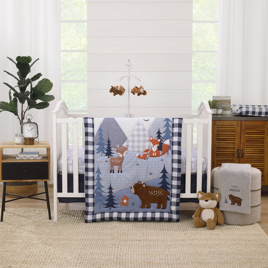 Little Love by NoJo National Park Navy Buffalo Check, Gray, Blue, and Brown Camping Bear, Deer, and Fox 3 Piece Nursery Crib Bedding Set - Comforter, Fitted Crib Sheet, and Crib Skirt