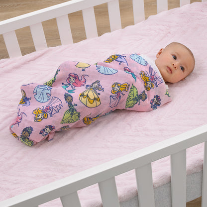 Disney Princesses Pink, Aqua, Lavender, Green, and White 3 Piece Muslin Swaddle Baby Blanket Set