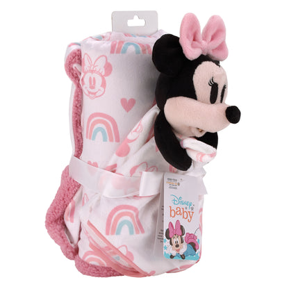 Disney Minnie Mouse White, Pink, and Aqua Rainbows and Hearts Super Soft Sherpa Baby Blanket and Security Blanket 2-Piece Gift Set