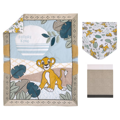 Disney Lion King Blue, Green, Taupe and Gold Simba Future King 3 Piece Nursery Crib Bedding Set - Comforter, Cotton Fitted Crib Sheet, and Crib Skirt