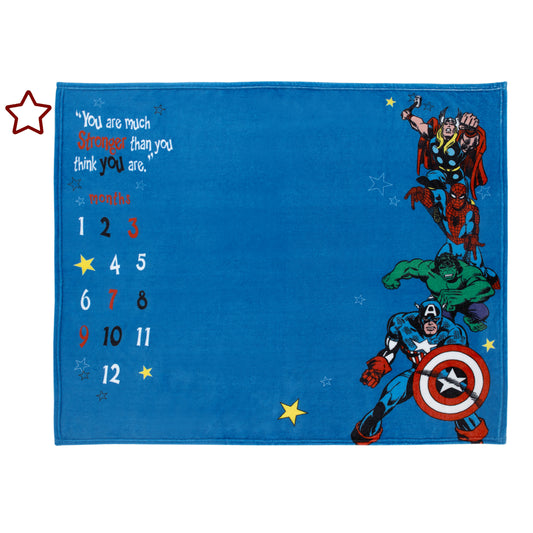 Marvel Comics Blue, Red and Green, Captain America, Hulk, Spiderman and Thor Super Soft Milestone Baby Blanket