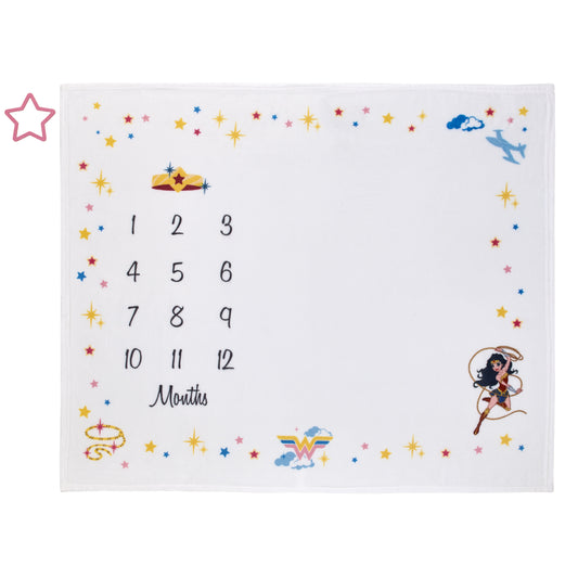 Warner Brothers Wonder Woman White and Gold Star-Tiara, Lasso of Truth, and the Invisible Jet Milestone Baby Blanket