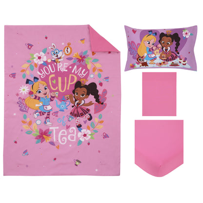 Disney Alice's Wonderland Bakery Tea Party Pink and Purple 4 Piece Toddler Bed Set - Comforter, Fitted Bottom Sheet, Flat Top Sheet, and Reversible Pillowcase
