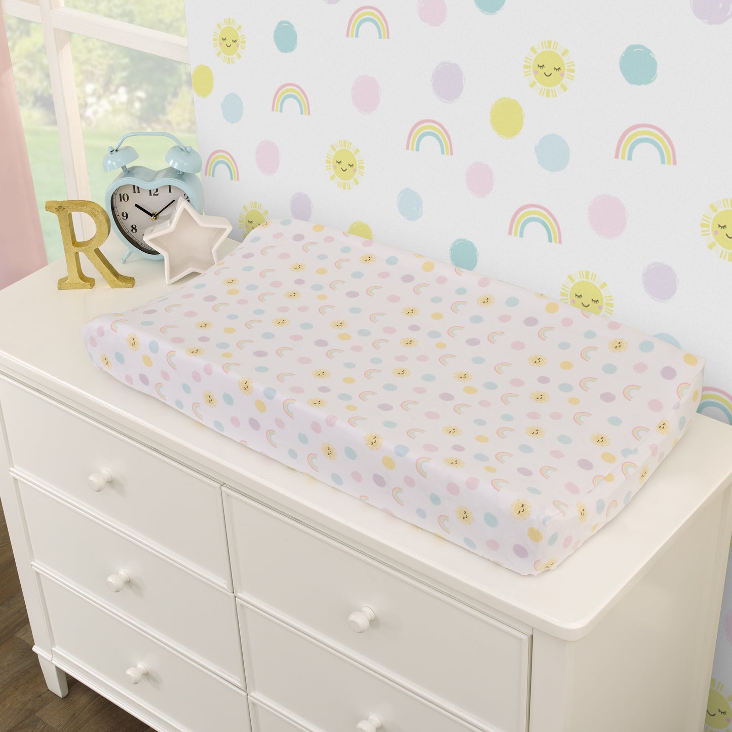 NoJo Happy Days Pink, Yellow, and Blue, Rainbows, Sun and Polka-Dot Super Soft Contoured Changing Pad Cover