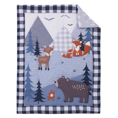Little Love by NoJo National Park Navy Buffalo Check, Gray, Blue, and Brown Camping Bear, Deer, and Fox 3 Piece Mini Crib Bedding Set - Comforter, and Two Fitted Mini Crib Sheets