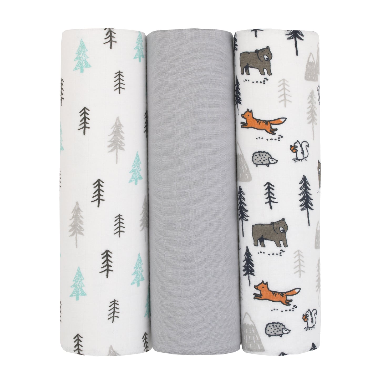 Carter's Woodland Friends Gray and White Tree Bear Squirrel 100% Cotton 3 Pack Muslin Swaddle Blankets