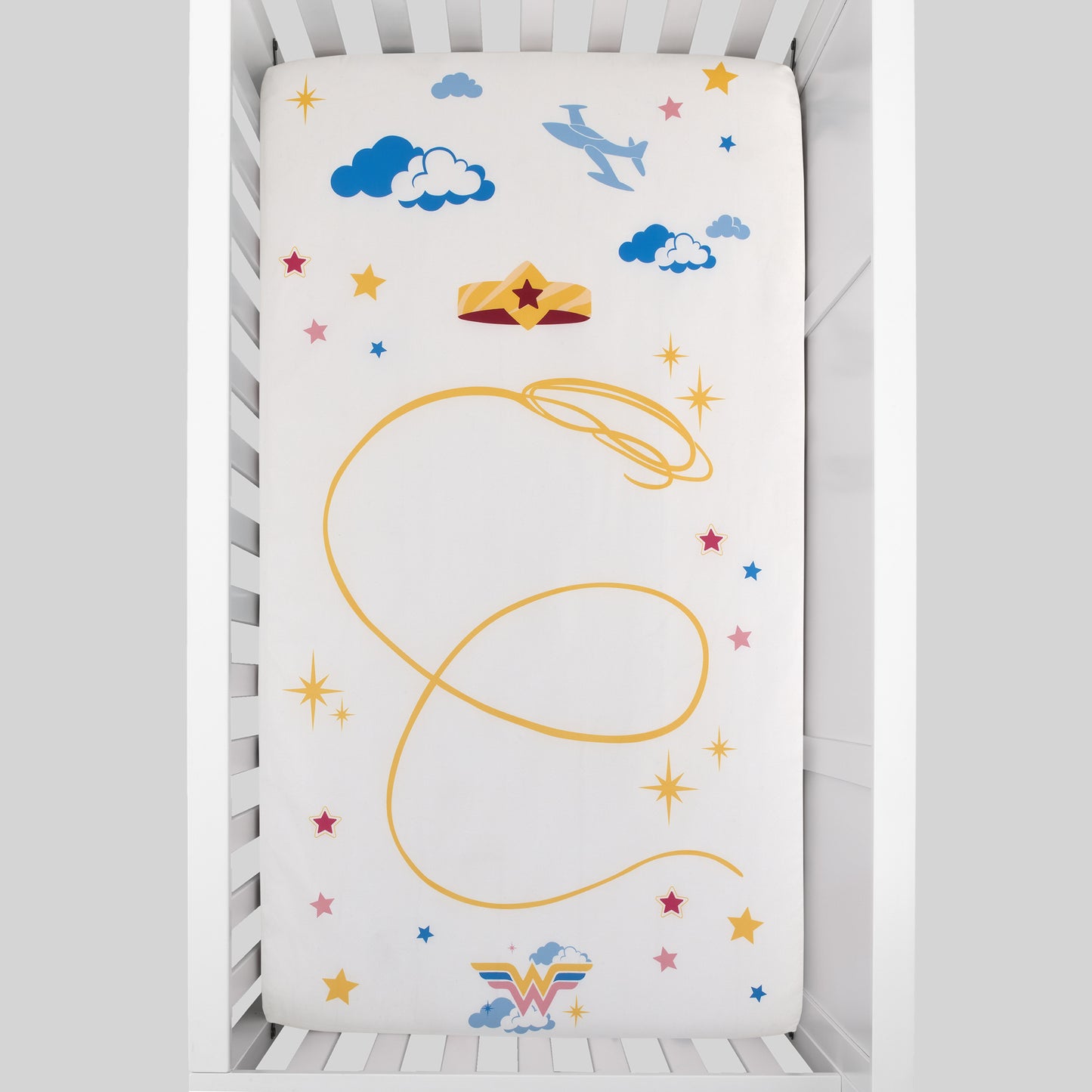 Warner Brothers Wonder Woman White and Gold Star-Tiara, Lasso of Truth, and the Invisible Jet Photo Op Nursery Fitted Crib Sheet