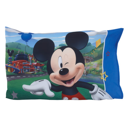 Disney Mickey Mouse Blue, Gray, Red, and White, Donald Duck, and Goofy Having Fun 4 Piece Toddler Bed Set - Comforter, Fitted Bottom Sheet, Flat Top Sheet, and Reversible Pillowcase