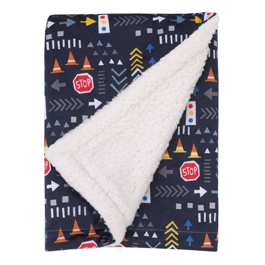 NoJo Transportation Trails Navy, Red, and Yellow Stop Light Super Soft Sherpa Baby Blanket