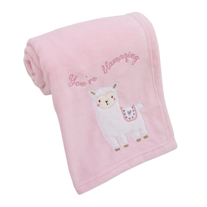 Little Love by NoJo Sweet Llama and Butterflies Super Soft Pink Baby Blanket with Applique and Embroidery