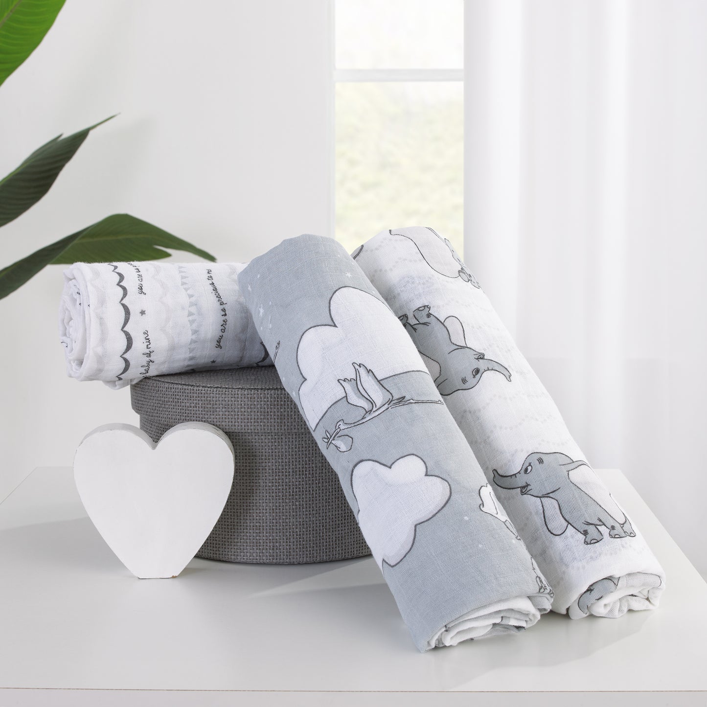 Disney Dumbo Gray and White 3 Piece Muslin Swaddle Baby Blanket Set