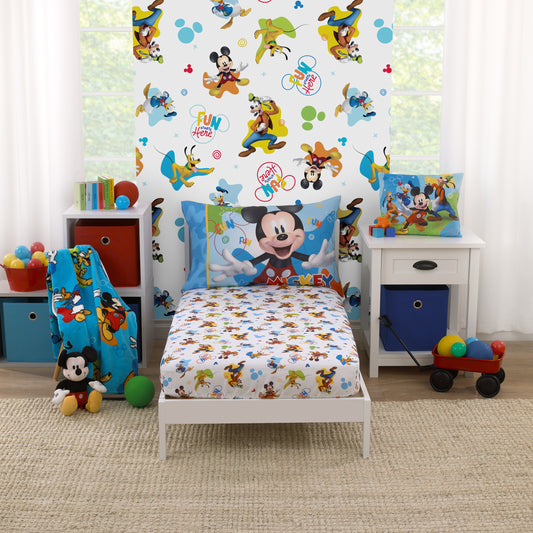 Disney Mickey Mouse Blue, Red, Green, and White, Donald Duck, Pluto, and Goofy, Fun Starts Here 2 Piece Toddler Sheet Set - Fitted Bottom Sheet, and Reversible Pillowcase