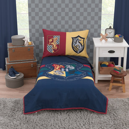 Warner Brothers Harry Potter Wizarding World Navy, Gold, and Burgundy 4 Piece Toddler Bed Set - Comforter, Fitted Bottom Sheet, Flat Top Sheet, and Reversible Pillowcase