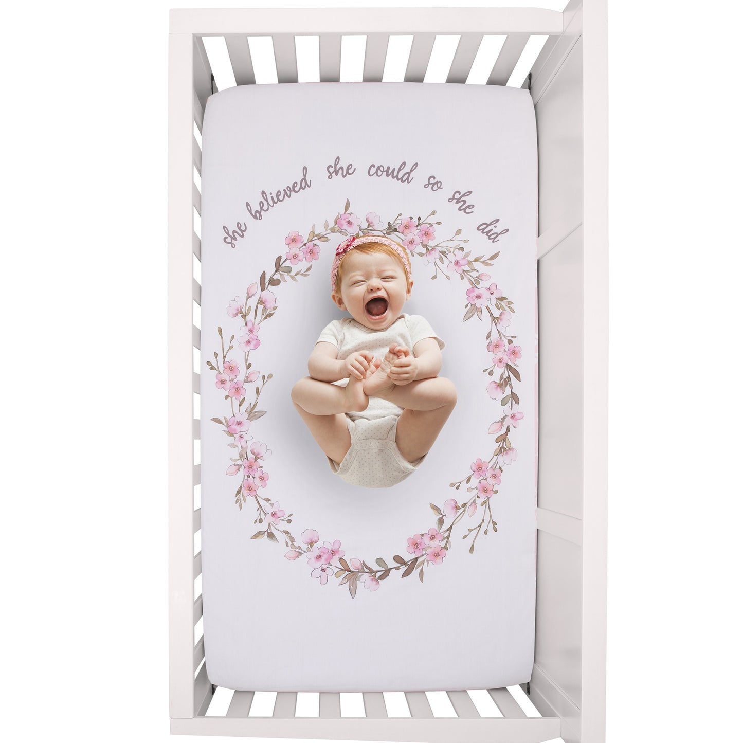 NoJo Flower Fairy Pink, White, and Taupe She Believed, She Could, So She Did 100% Cotton Nursery Photo Op Fitted Crib Sheet