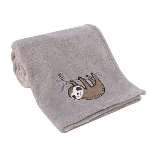 Little Love by NoJo Sloth Let's Hang Out Grey and White Super Soft Plush Baby Blanket with Applique