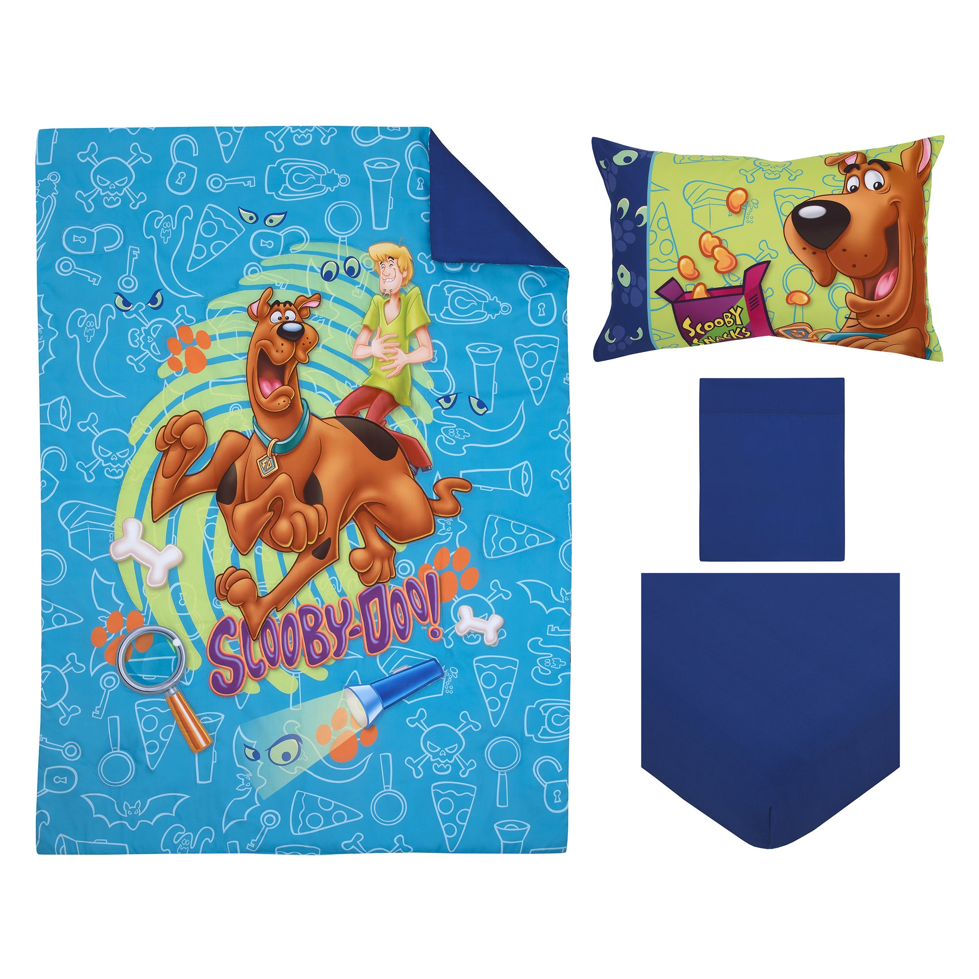 Warner Bros  Scooby Doo - Scooby Dooby Doo Blue, Green, Brown and Orange 4 Piece Toddler Bed Set - Comforter, Fitted Bottom Sheet, Flat Top Sheet, and Reversible Pillowcase
