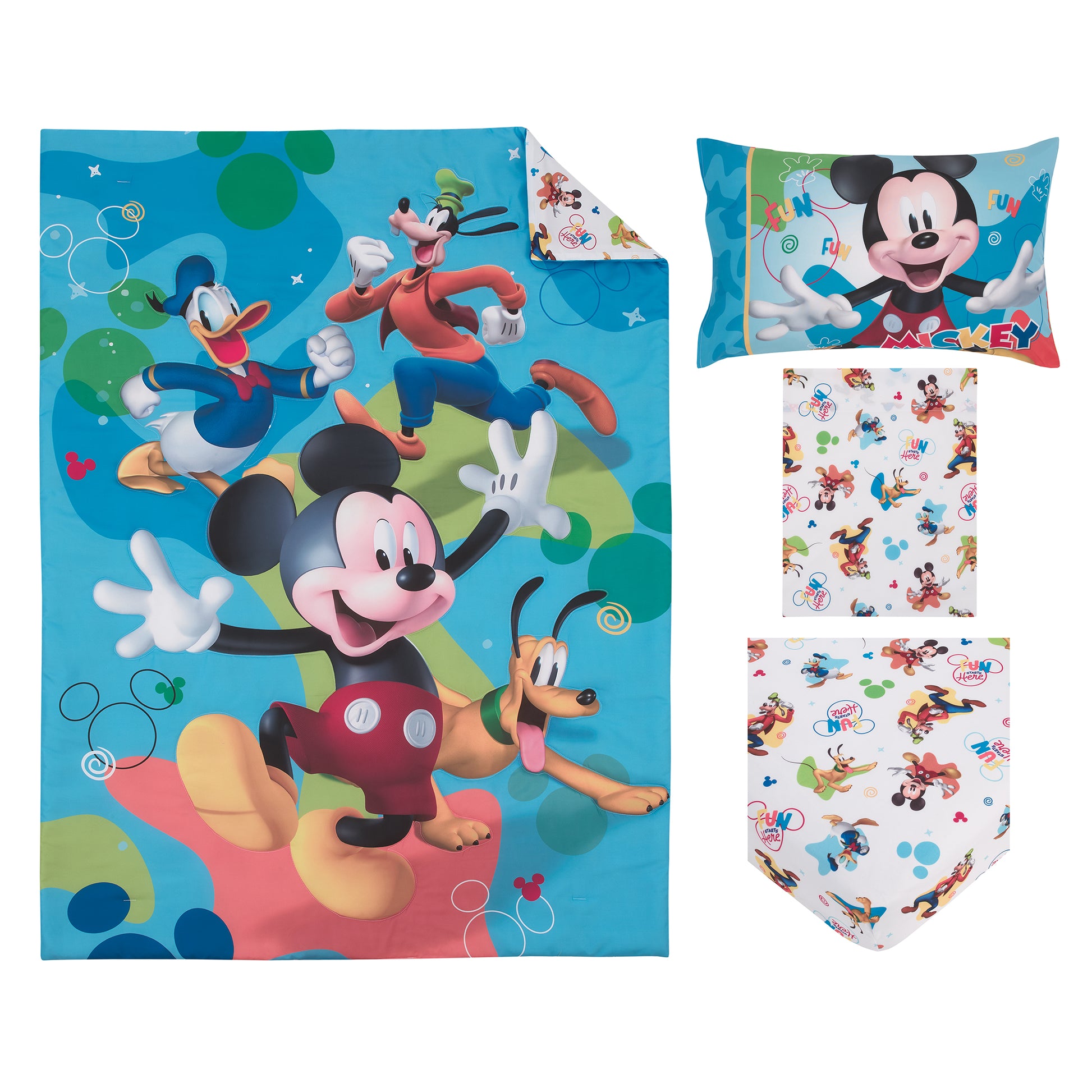 Disney Mickey Mouse Blue, Red, and Green, Donald Duck, Pluto, and Goofy, Fun Starts Here 4 Piece Toddler Bed Set - Comforter, Fitted Bottom Sheet, Flat Top Sheet, and Reversible Pillowcase