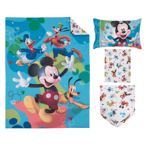 Disney Mickey Mouse Blue, Red, and Green, Donald Duck, Pluto, and Goofy, Fun Starts Here 4 Piece Toddler Bed Set - Comforter, Fitted Bottom Sheet, Flat Top Sheet, and Reversible Pillowcase