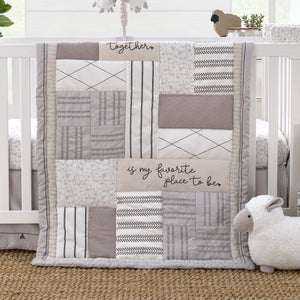 NoJo Together is Better White, Gray, and Taupe Stripes and Dots 4 Piece Nursery Crib Bedding Set - Comforter, 100% Cotton Fitted Crib Sheet, Crib Skirt, and Storage
