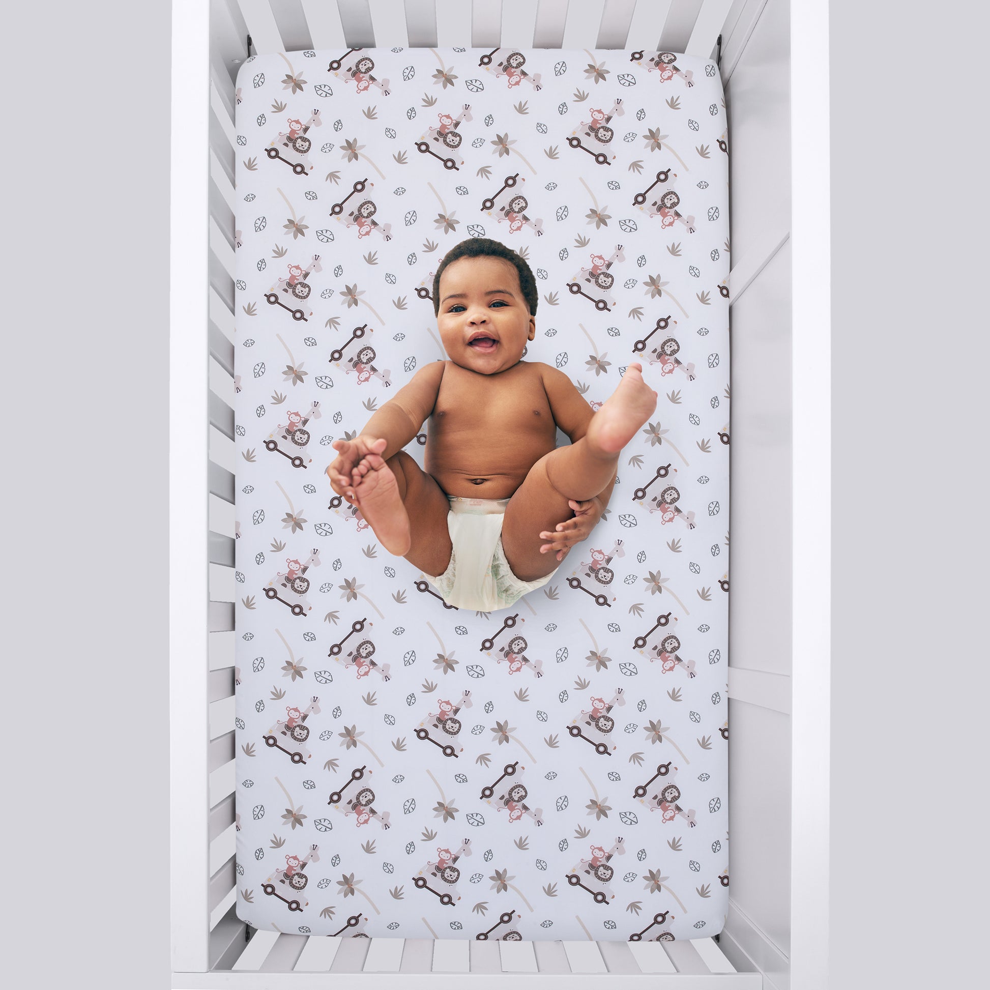 Little Love by NoJo Jungle Ride Grey, White and Tan, Monkey, Giraffe and Lion Super Soft Fitted Crib Sheet