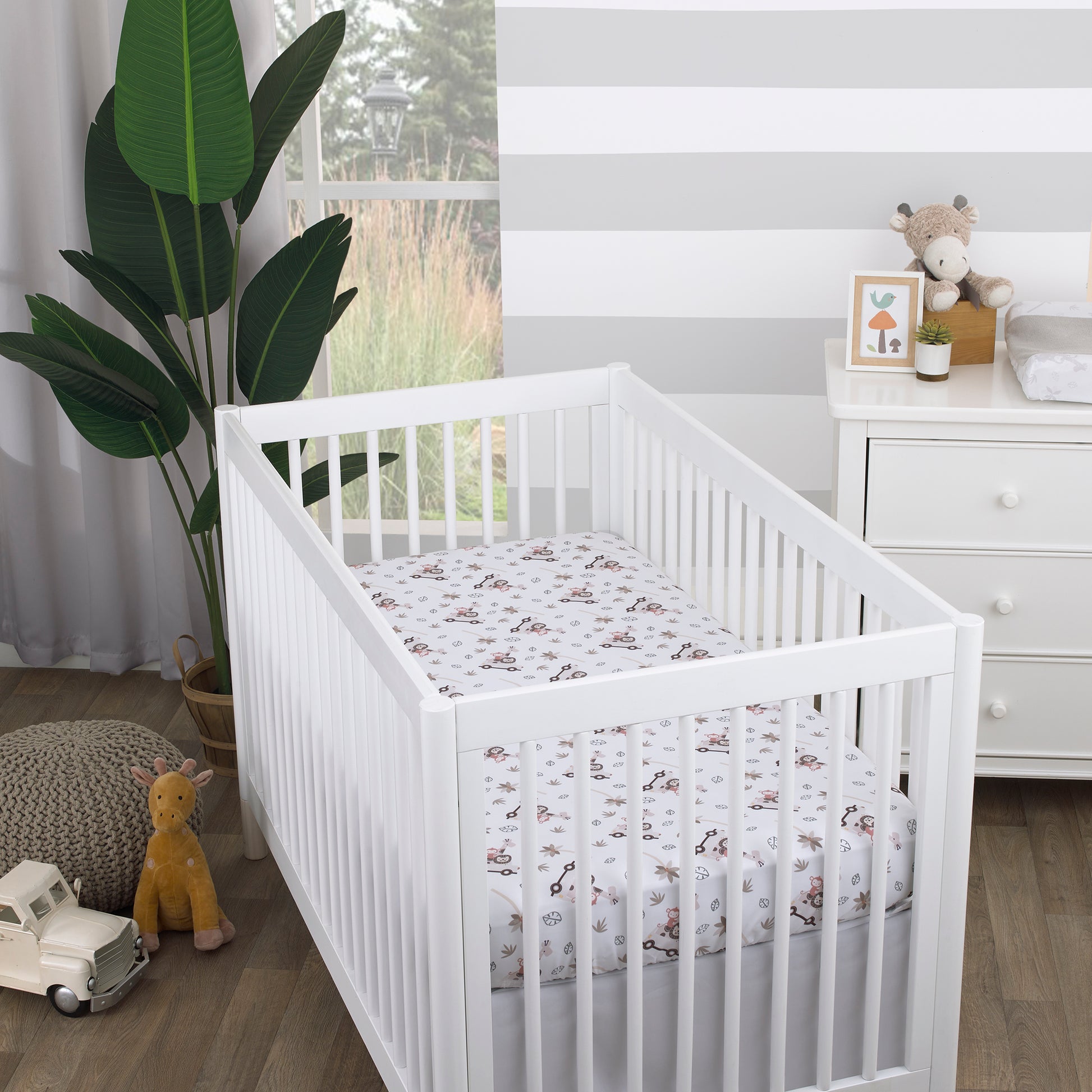 Little Love by NoJo Jungle Ride Grey, White and Tan, Monkey, Giraffe and Lion Super Soft Fitted Crib Sheet