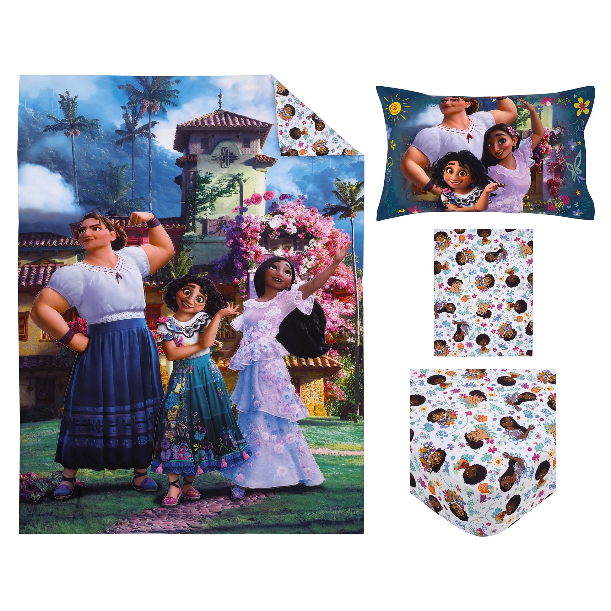 Disney Encanto Power Trio Purple and Teal 4 Piece Toddler Bed Set - Comforter, Fitted Bottom Sheet, Flat Top Sheet, and Reversible Pillowcase