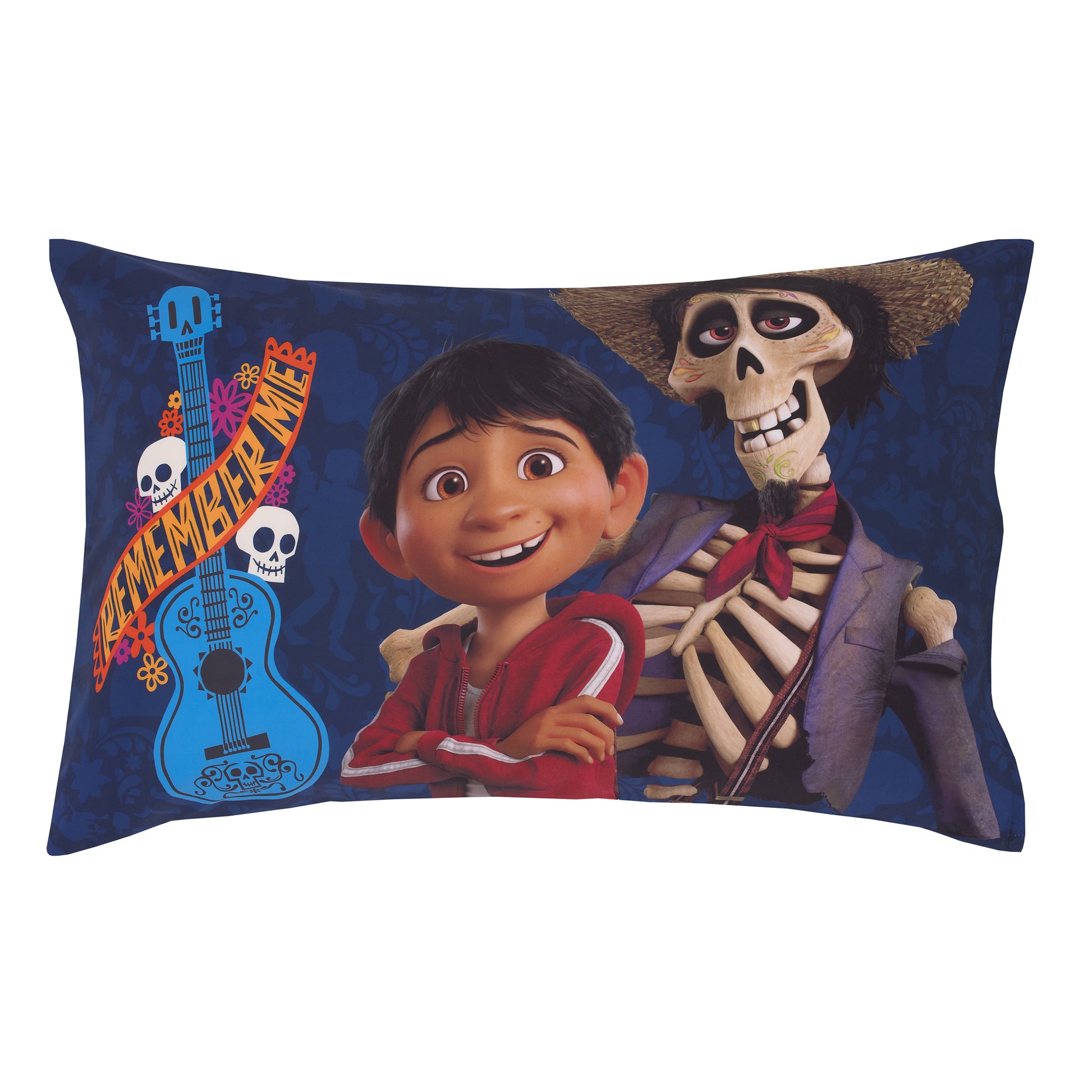Disney Coco Navy, Orange, and Light Blue, Seize Your Moment 4 Piece Toddler Bed Set - Comforter, Fitted Bottom Sheet, Flat Top Sheet, and Reversible Pillowcase