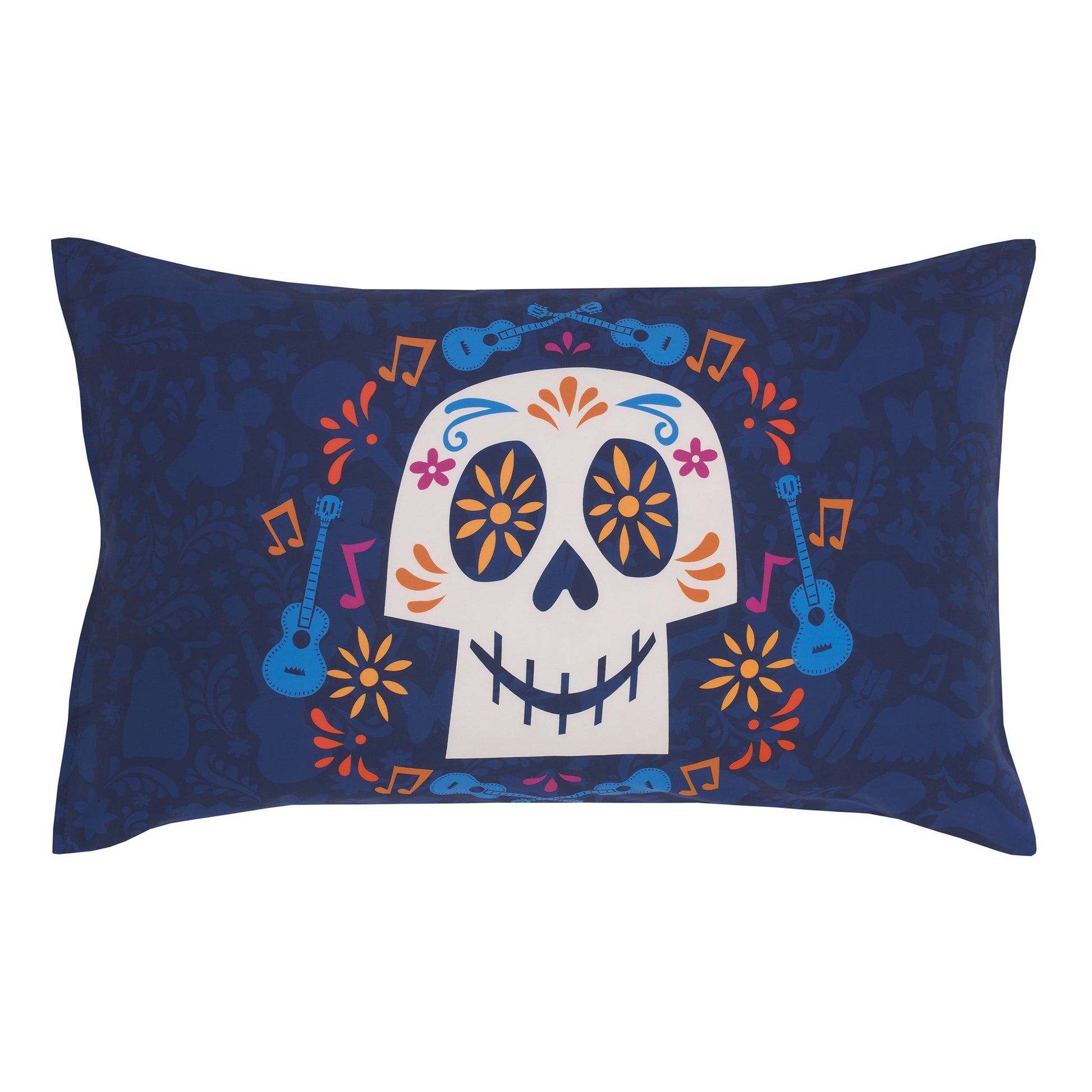 Disney Coco Navy, Orange, and Light Blue, Seize Your Moment 4 Piece Toddler Bed Set - Comforter, Fitted Bottom Sheet, Flat Top Sheet, and Reversible Pillowcase
