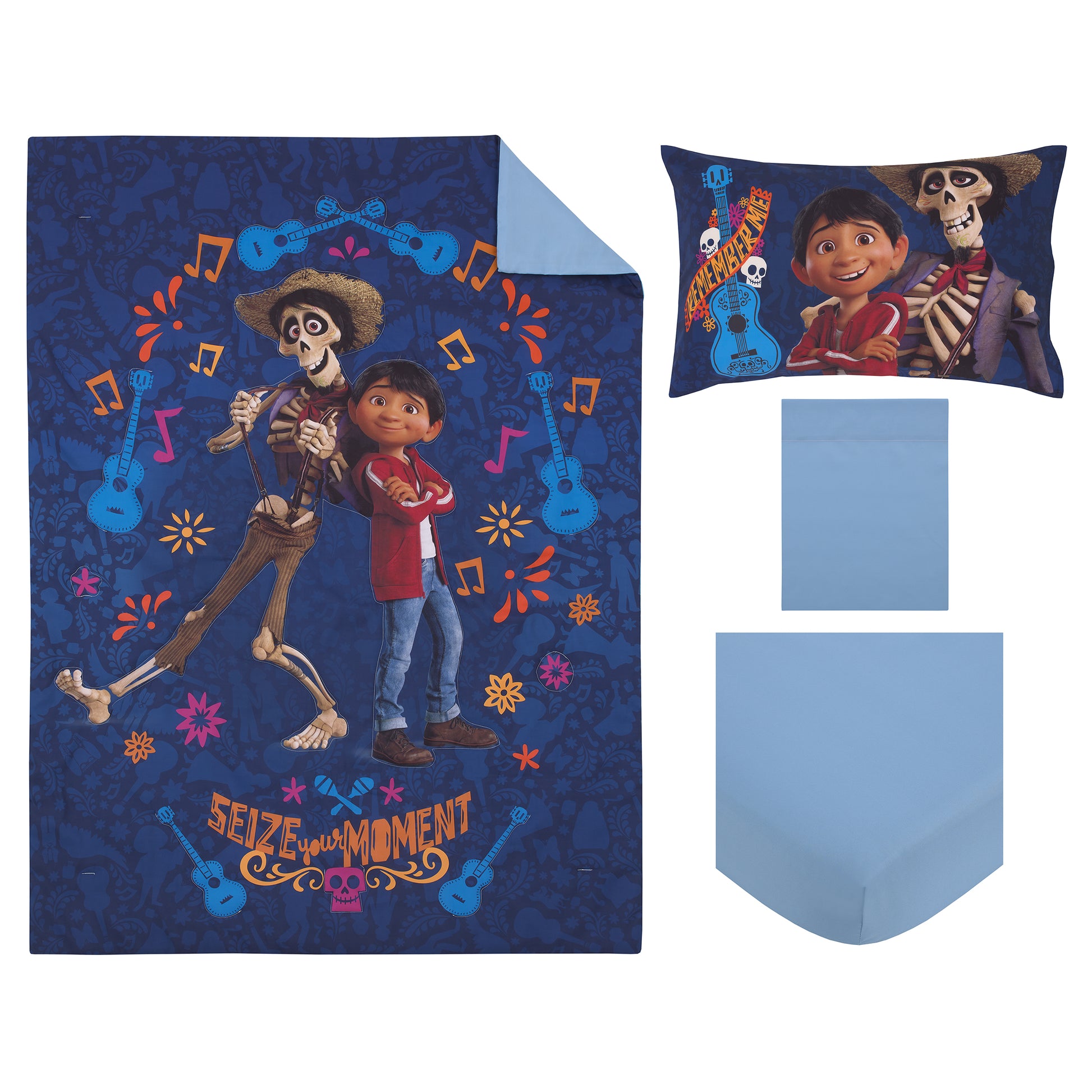 Disney Coco Navy, Orange, and Light Blue, Seize Your Moment 4 Piece Toddler Bed Set - Comforter, Fitted Bottom Sheet, Flat Top Sheet, and Reversible Pillowcase