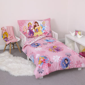 Disney Pretty Pretty Princess Pink, Blue, and Yellow 4 Piece Toddler Bed Set - Comforter, Fitted Bottom Sheet, Flat Top Sheet, and Reversible Pillowcase